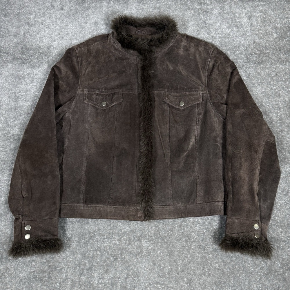 Coldwater Creek Suede Jacket Women's XXL Brown‎ Full Zip Faux Fur Trim